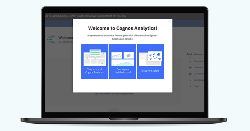Cognos Analytics has a one-screen onboarding setup