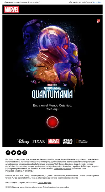 An email from Marvel sharing information about a new movie launch