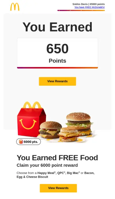 An email from McDonald's offering reward points to inactive customers