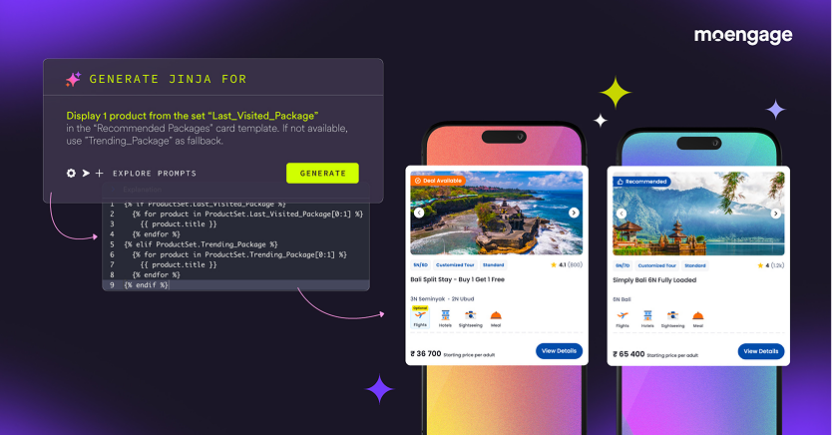 An interface showing MoEngage's dynamic Jinja code generation tool alongside an example of its visual output on a mobile app template.