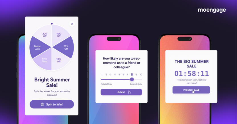 Examples of interactive in-app templates generated by Merlin AI including a spin-the-wheel discount popup, an NPS rating survey slider, and a summer sale countdown timer overlay on mobile devices
