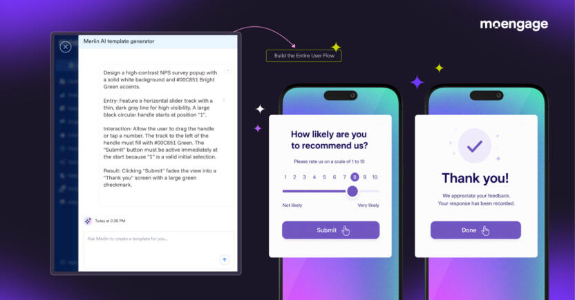 Merlin AI template generator dashboard displaying a detailed natural language prompt to code a multi-step NPS survey in-app template, showing the active rating screen and the resulting "Thank You" success state