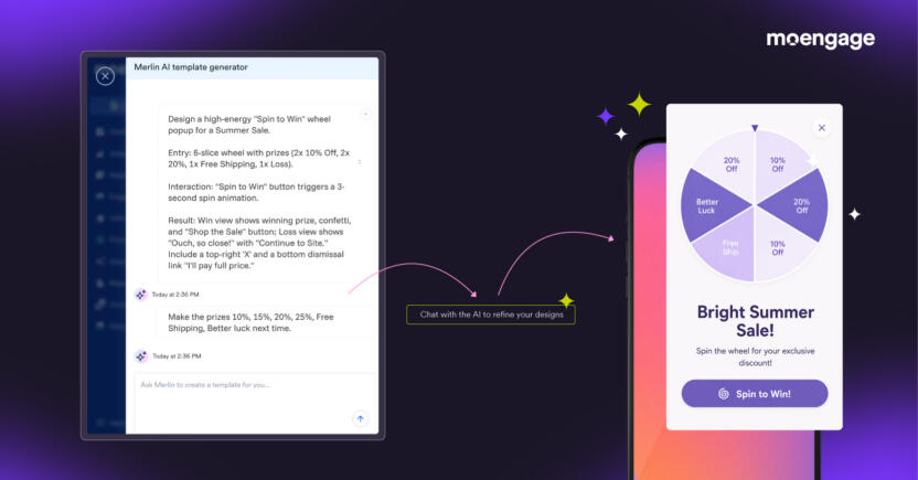 Chat interface of the Merlin AI template generator demonstrating conversational refinement to update the prize parameters, layout, and copy of a gamified spin-the-wheel in-app template.
