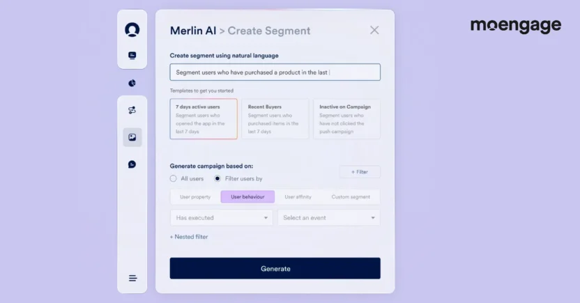 MoEngage's Merlin AI Segment Assist helps you create audience segments using natural language prompts