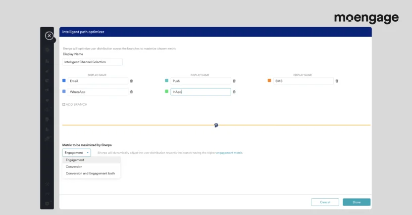 MoEngage's Intelligent Path Optimizer automatically routes customers toward the best-performing paths to keep the customer journeys moving forward