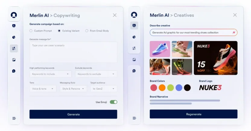 MoEngage offers Merlin AI Copywriter that can generate campaign copy and Merlin AI Designer to generate on-brand creatives for campaigns