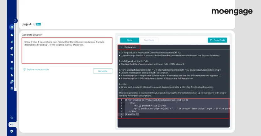 Merlin AI Jinja Assist is an AI capability of MoEngage that marketers can use to generate dynamic content even without knowing Jinja code
