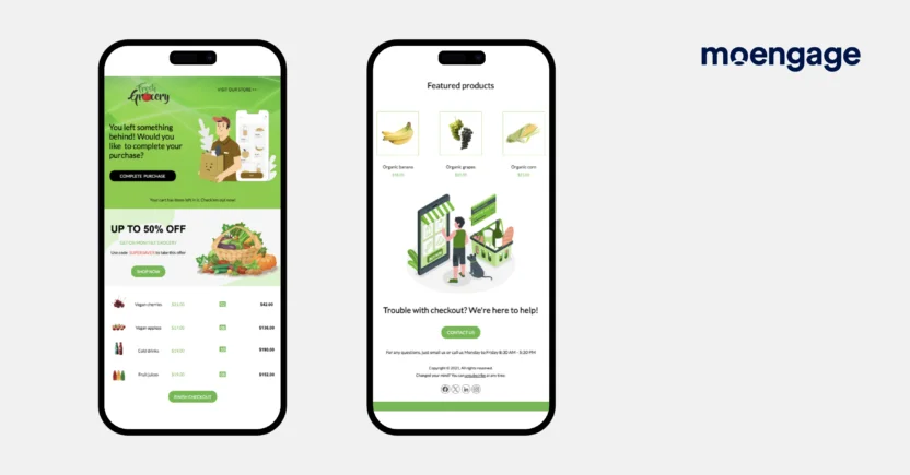 A cart abandonment email template from MoEngage that entices the customer with a discount