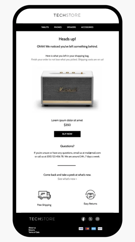 MoEngage's abandoned cart email template that highlights the abandoned product and its pricing