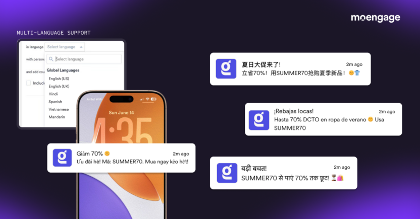 Interface options highlighting multi-language support settings alongside several translated campaign notification banners across global markets.