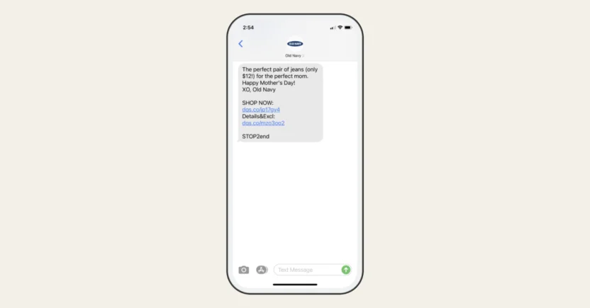 An automated text message from Old Navy