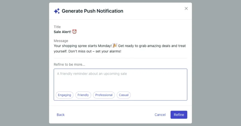 OneSignal's AI message composer lets marketers generate and edit push campaign copy.