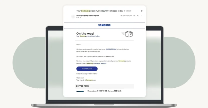 An example of an order confirmation email with tracking number from Samsung