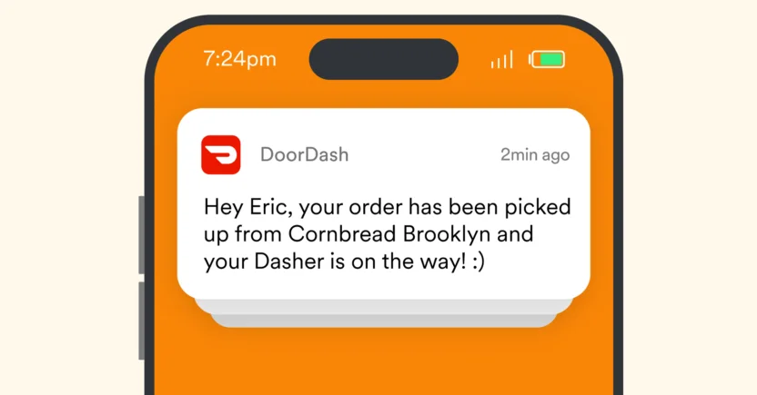 DoorDash sends a push notification the moment the customer's order is picked up from the restaurant