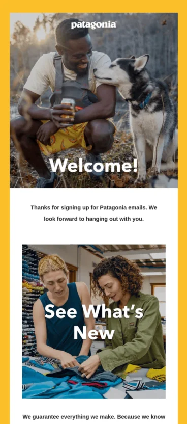 Ecommerce marketing automation through an email sent by Patagonia to welcome new customers