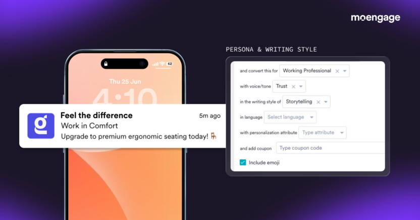 Dashboard UI options for tailoring persona, voice, and storytelling writing style, pictured alongside a generated ergonomic chair push notification.