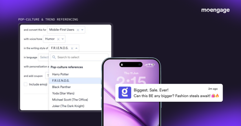 MoEngage interface showcasing a pop-culture reference dropdown, displaying a generated fashion flash sale notification matching a selected style.