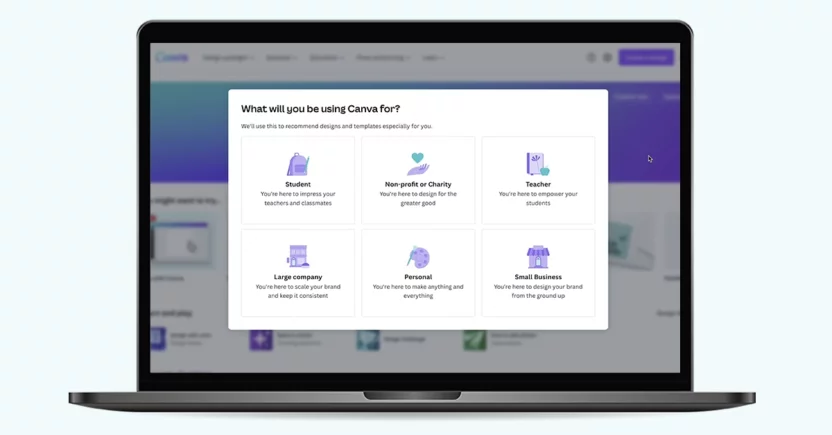 Pop-up from Canva asks customers the purpose of using the tool