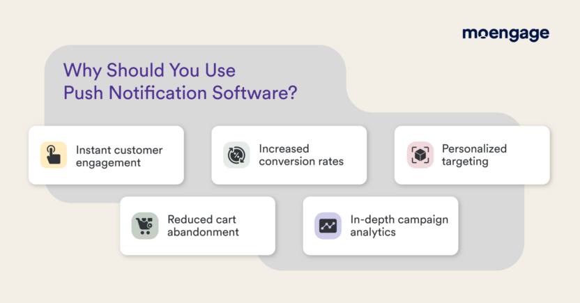 The benefits of using push notification software include increased conversion rates and in-depth campaign analytics