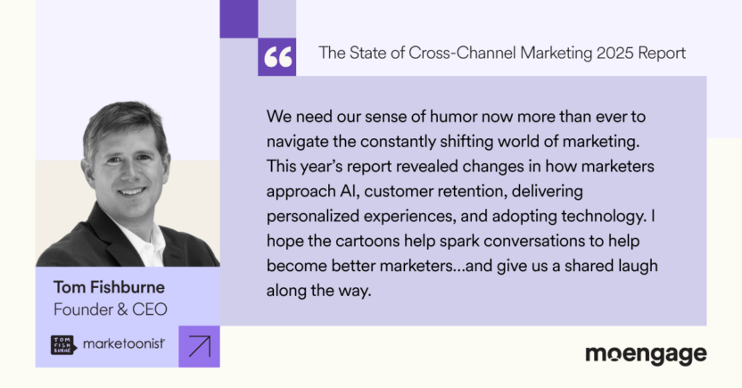 Tom Fishburne i.e. Marketoonist's quote for The State of Cross-Channel Marketing 2025 Report by MoEngage
