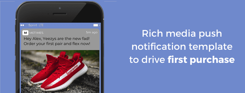 A push notification template to drive first purchase using rich media