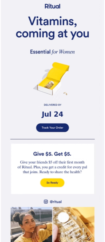 A Shopify post-purchase email from Ritual to confirm an order.