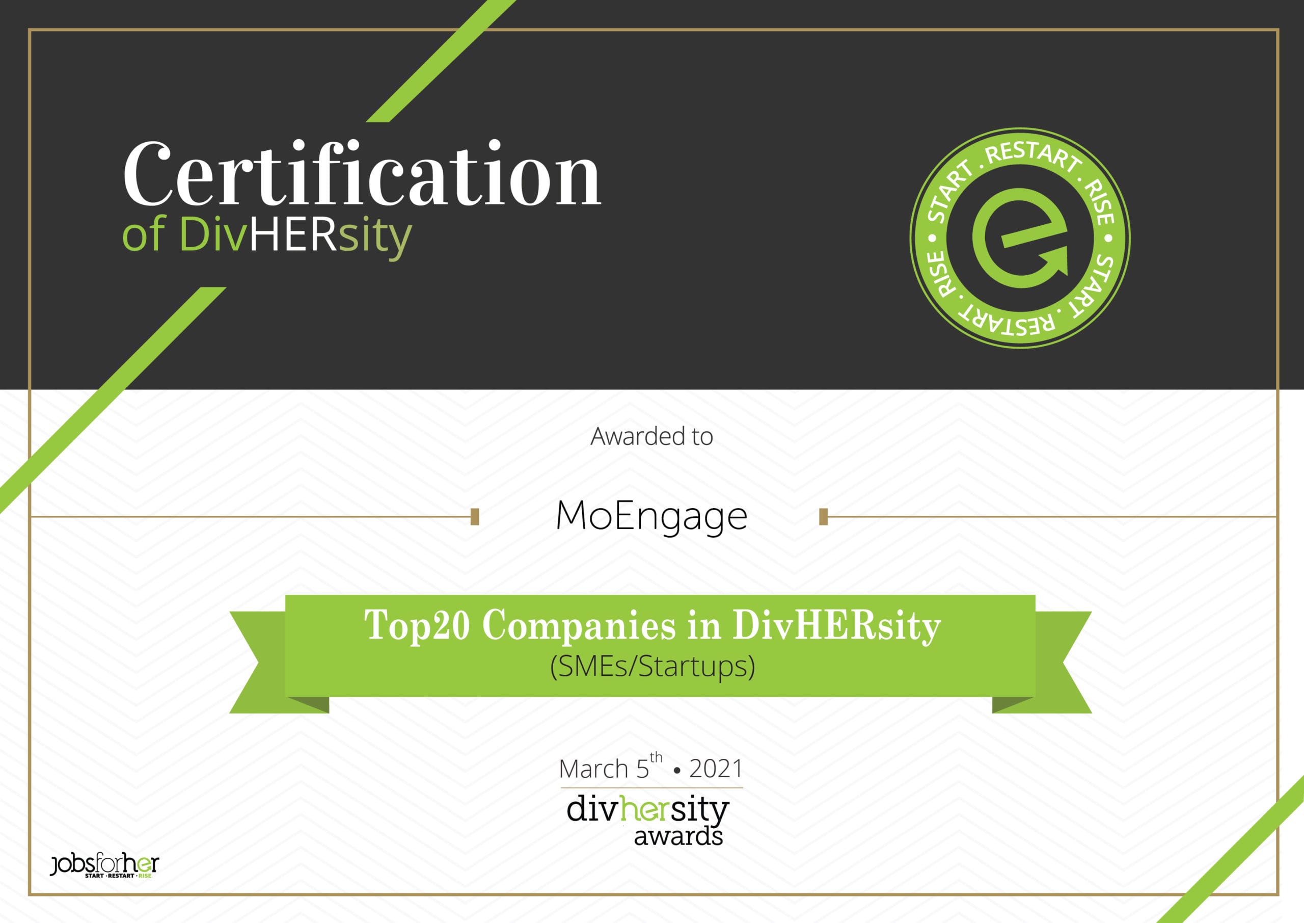 Certification of DivHERsity awarded to MoEngage