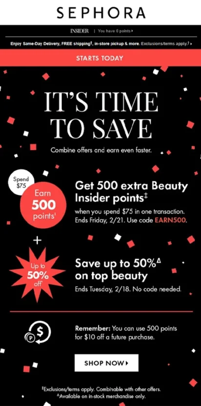 An engagement email from Sephora