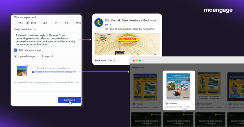 MoEngage dashboard showcasing Thomas Cook travel templates being used to auto-generate customized holiday promotional campaign cards.