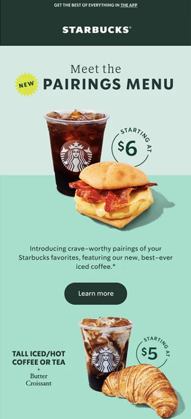 A Starbucks email displaying new menu items to customers