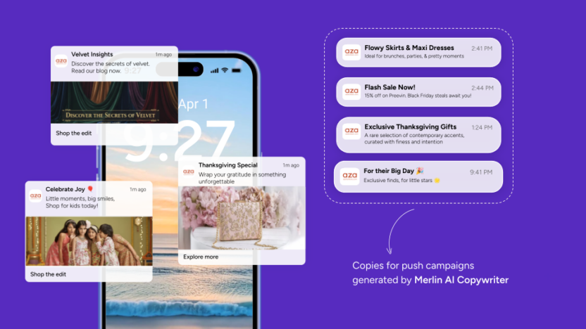 An iPhone screen displaying multi-channel push notification variations generated by the MoEngage Merlin AI Copywriter engine.