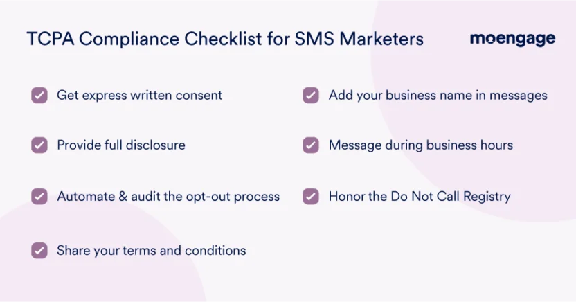 A TCPA SMS compliance checklist that SMS marketers in the US must follow when running SMS campaigns
