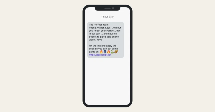 An automated text message for business from The Perfect Jean (TPJ) in NYC as an abadoned cart reminder