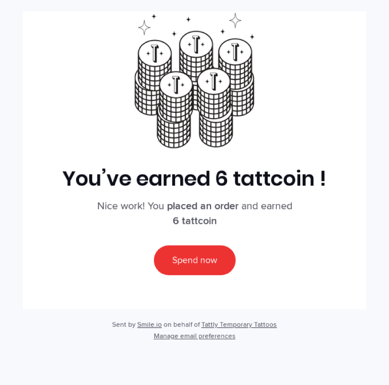 Tattly sends an automated email with reward points for every purchase