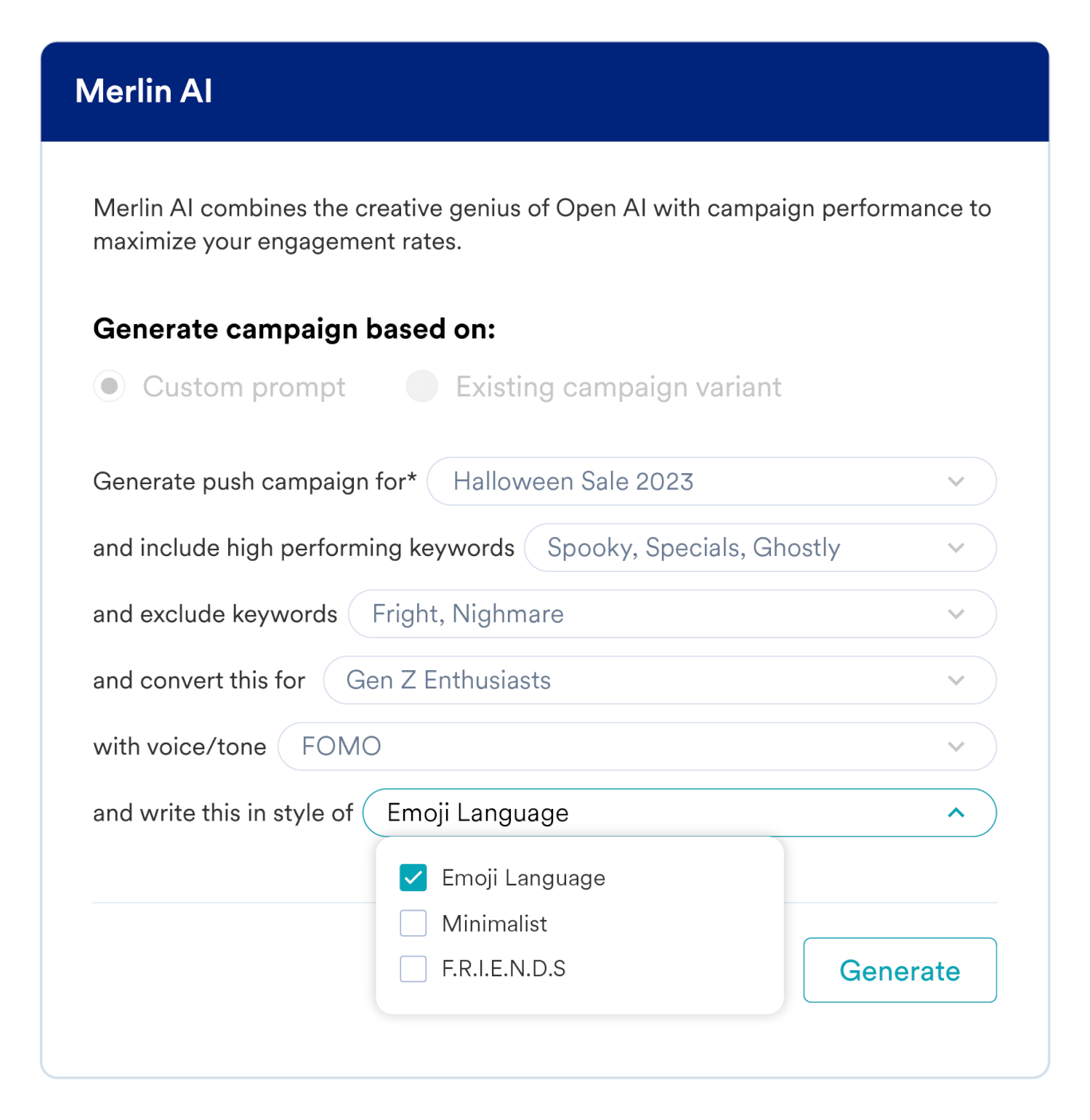 Tone, style and audience options by Merlin AI