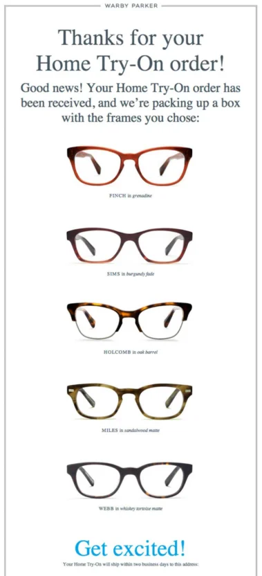 Warby Parker implementing ecommerce marketing automation with a shipping confirmation email