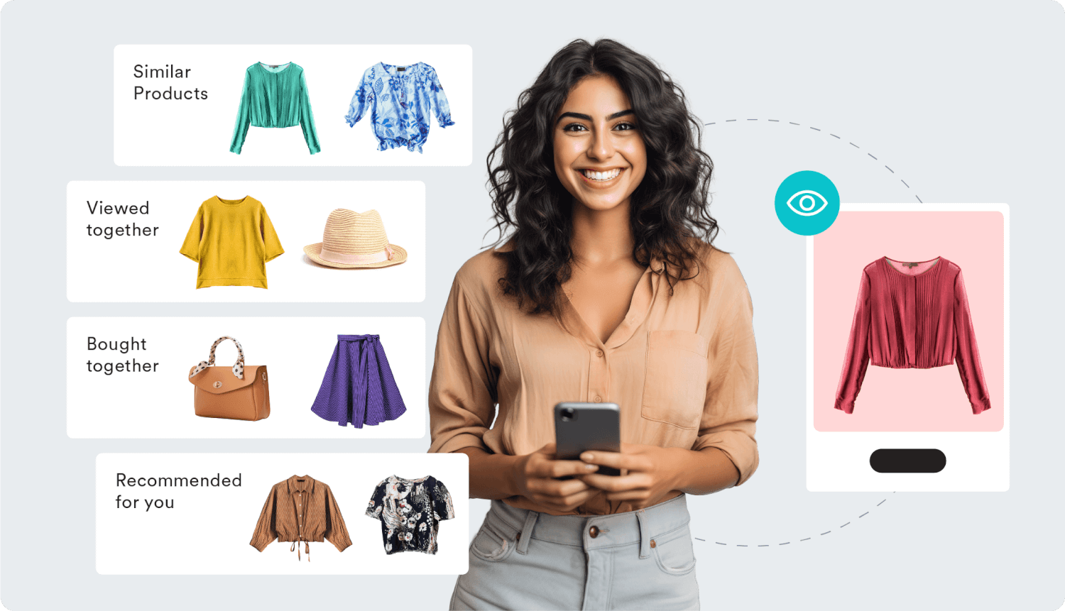A woman smiling while shopping on her mobile device, surrounded by clothing items that have been recommended based on other items she was looking for