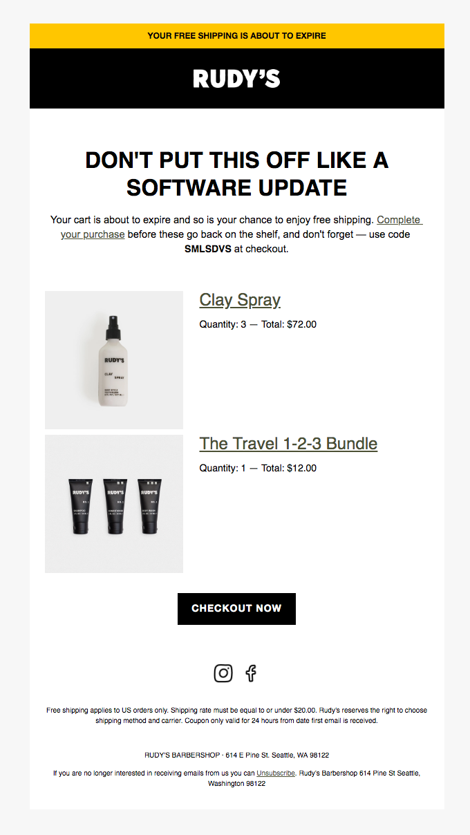 Cart abandonment email from Rudy's aligned to the decision stage of the email marketing customer journey