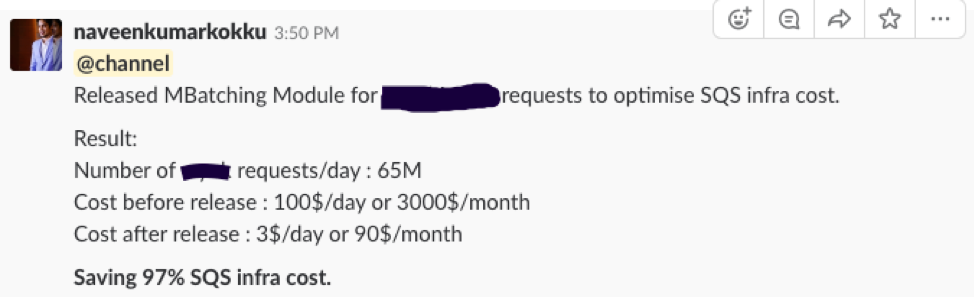 A slack message showing how MoEngage saved a client SQS costs