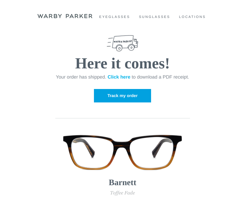 Welcome email from warby parker
