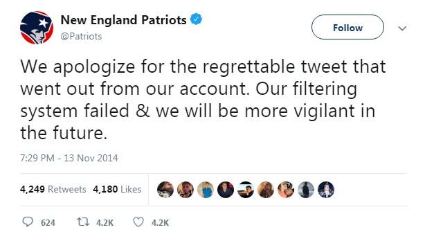 A social media post on Twitter from the New England Patriots apologizing for their system failure