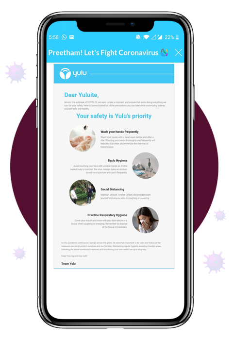 Safety protocol announcement sent by Yulu to its users