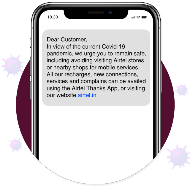 Airtel is sending text messages asking users to stay safe and use the app for mobile, internet, and DTH services