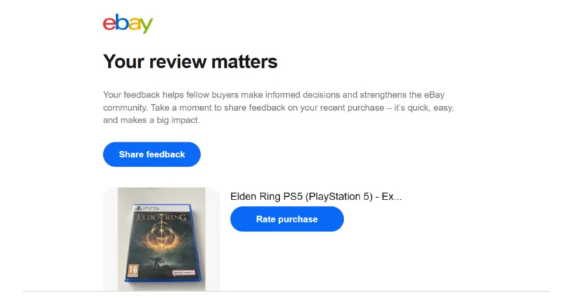 eBay sends requests to customers to leave reviews.