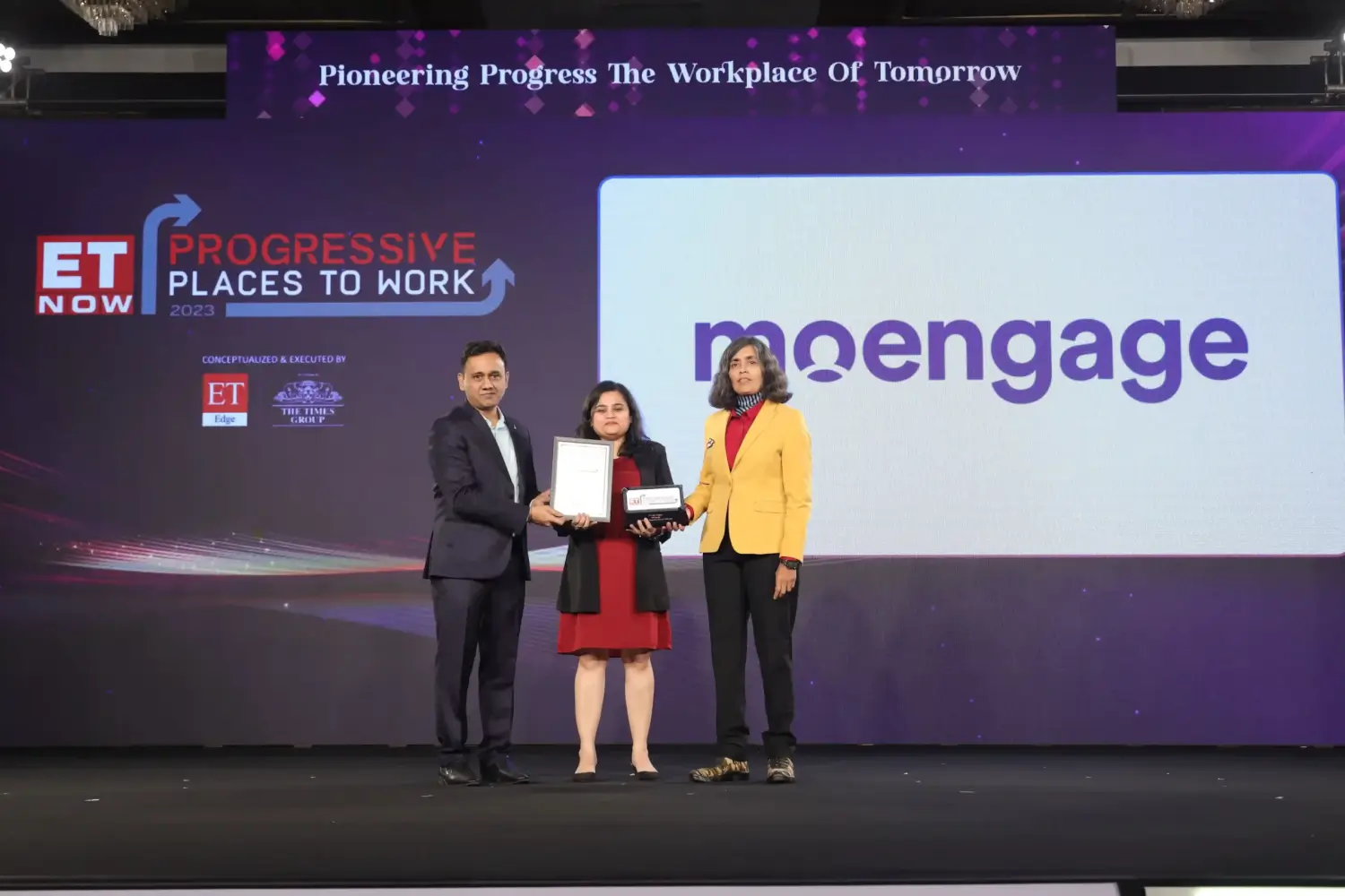Sumana Ananth, the Associate Director of People & Culture receives the Progressive Place to Work recognition on behalf of MoEngage