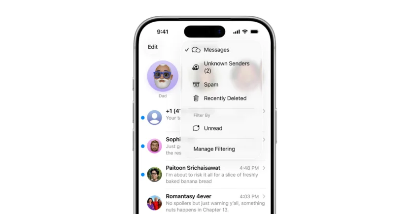 iOS 26 updates include creating separate SMS folders for unknown senders and spam