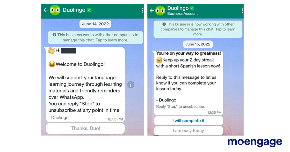 An example of Duolingo using emojis in WhatsApp marketing messages