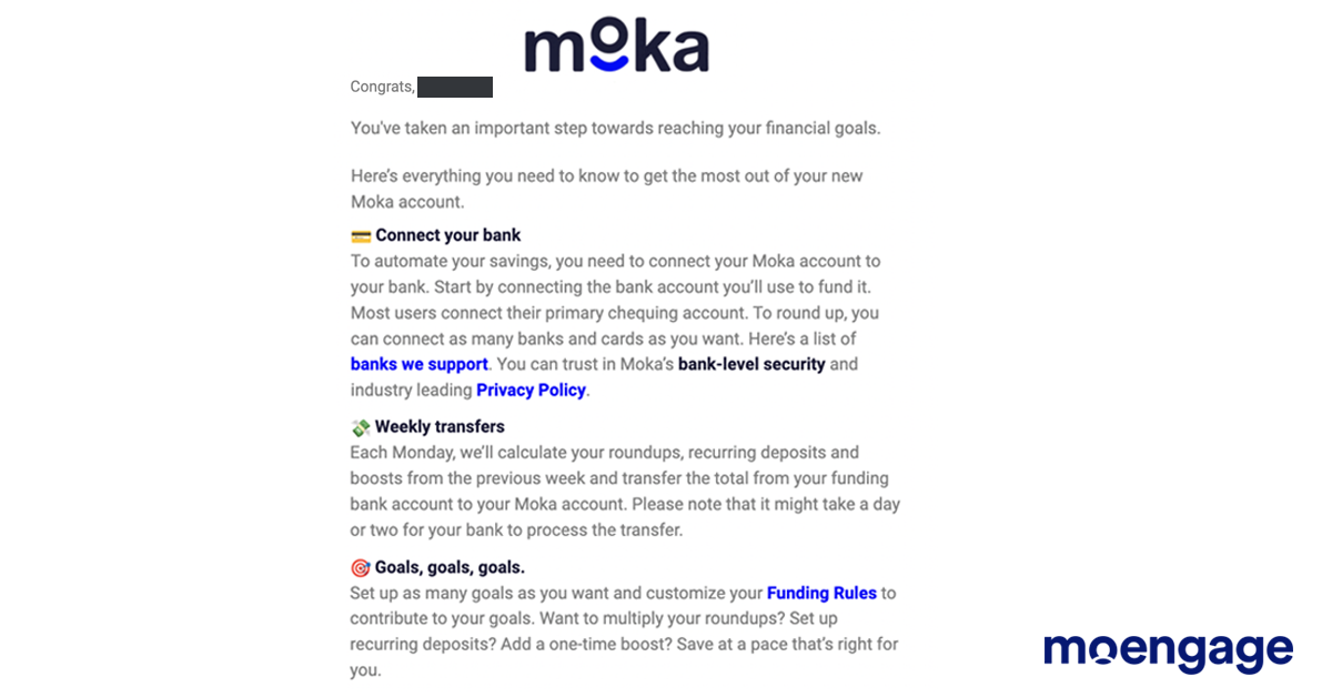 An example of how Moka uses emails to label each section in an email