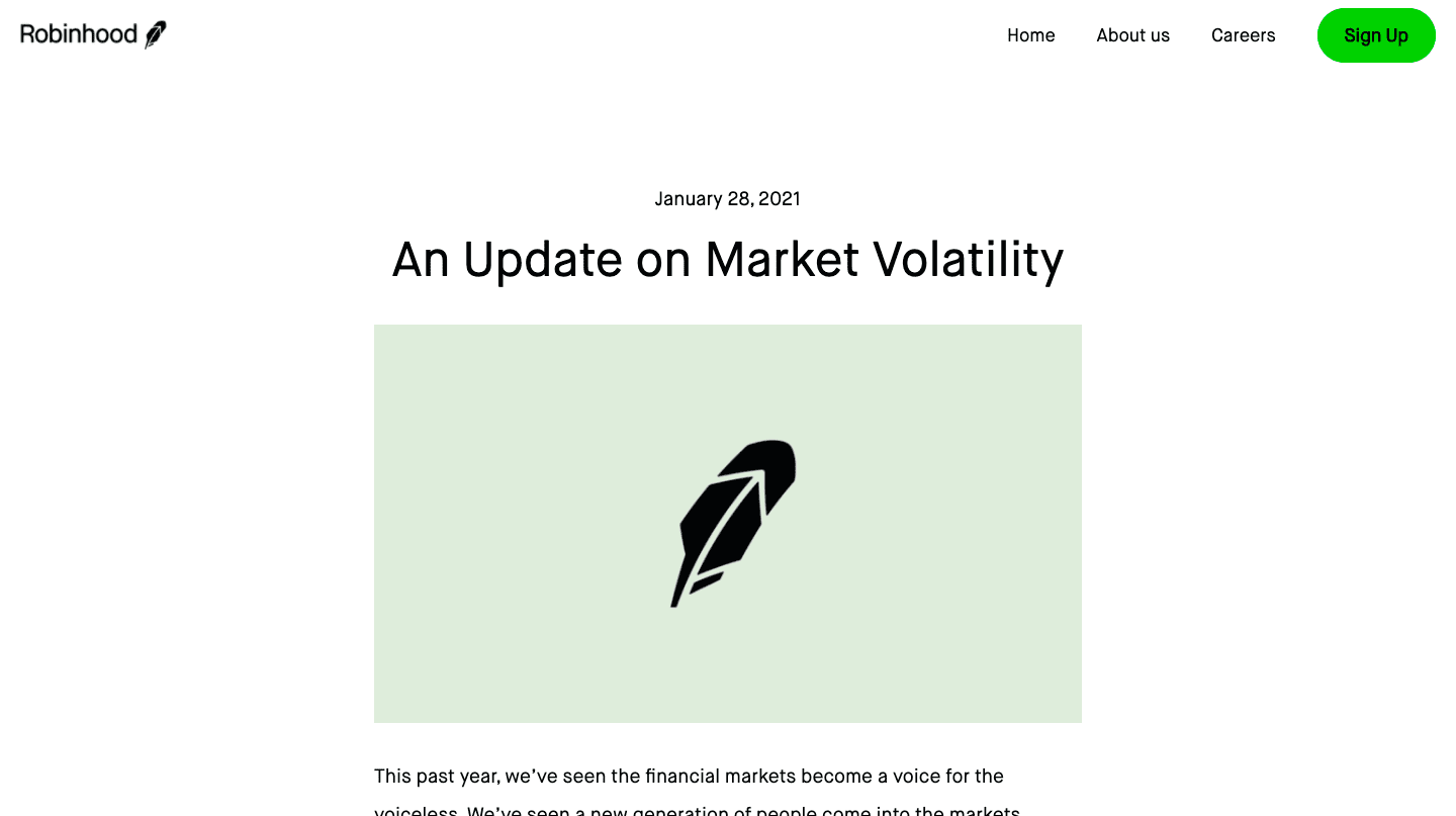 Robinhood’s blog announcing the ban on trading $GME, $AMC, and other stocks