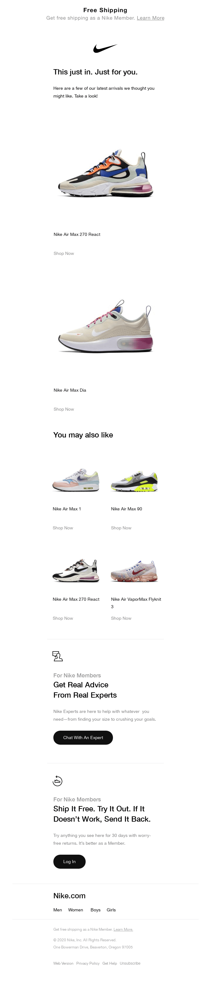 Nike's email layout where content has been spaced into relevant bucket